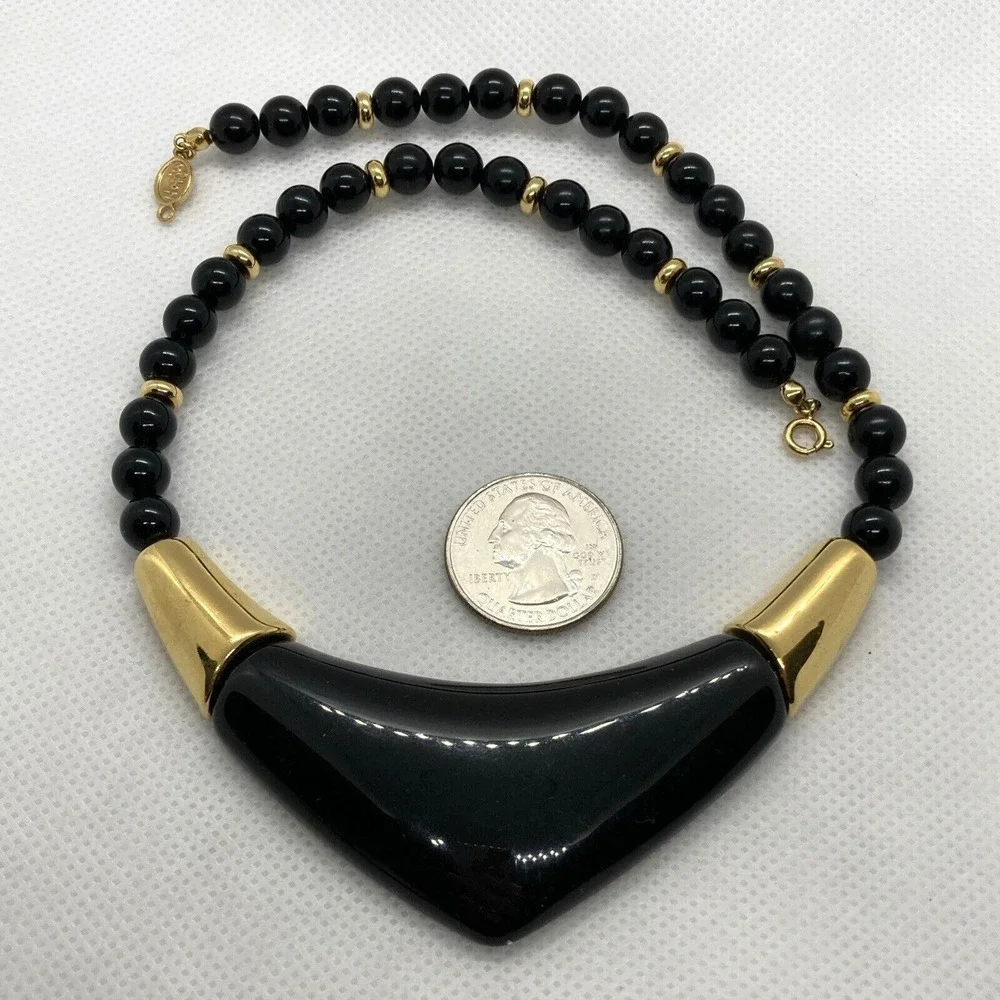 Vintage Napier Signed Black Plastic 18'' Beaded Necklace 80s 90s Gold Tone Retro